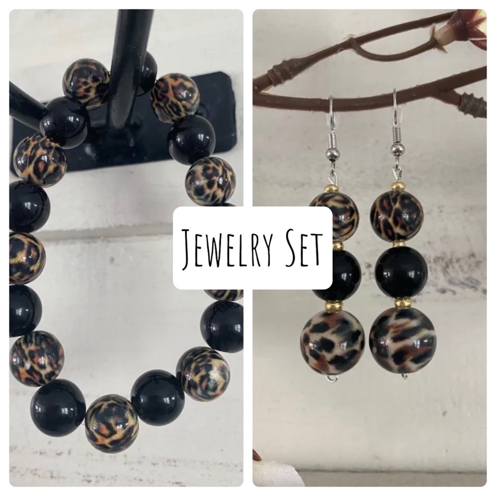 Jewelry Set Cheetah Bracelet Earrings Brown Black